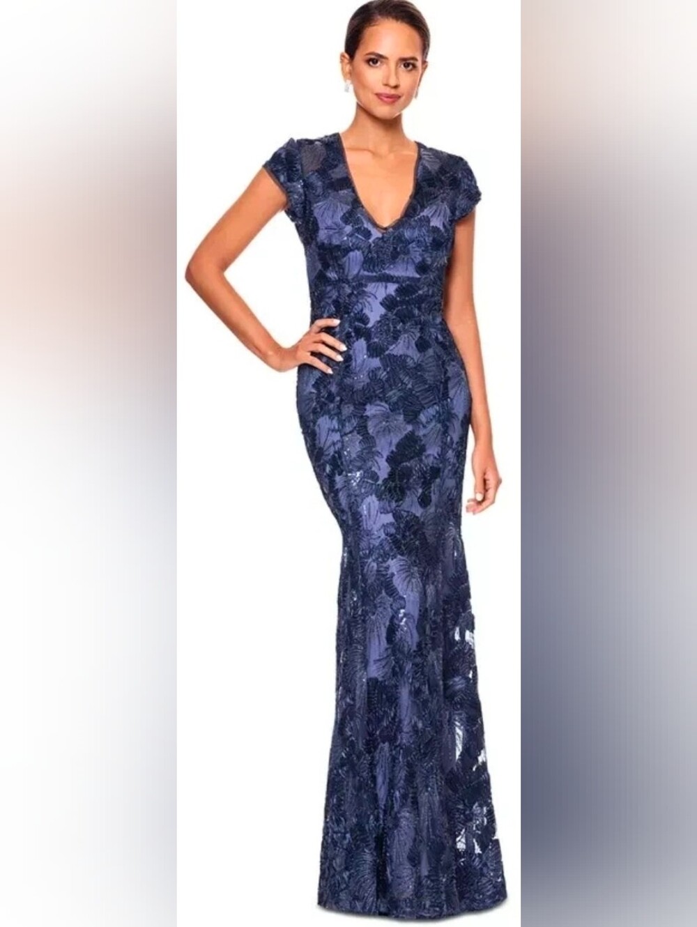 Betsy & Adam Navy Lace V-Neck Cap Sleeve Maxi Gown - Picture 4 of 6